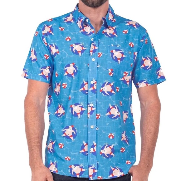 Tipsy Elves Christmas Pool Boy Santa Hawaiian Ugly Christmas Collared Shirt - Picture 2 of 7